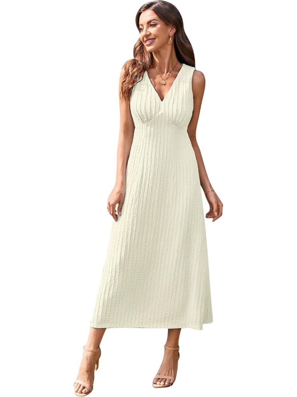 Women's White Spring Summer Wedding Guest Dresses Elegant V Neck Sleeveless